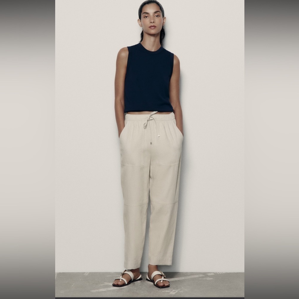 ZARA Linen Blend Wide Leg Pants Pockets Large Khaki Drawstring NWT